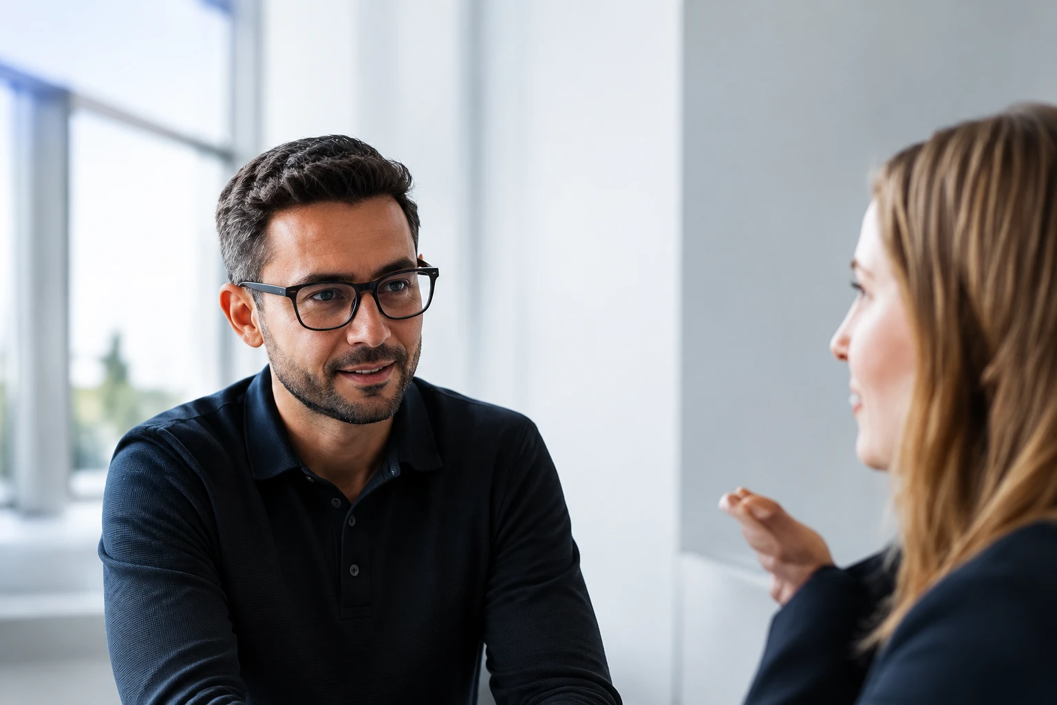 Twee mensen in een adviesgesprek aan tafel