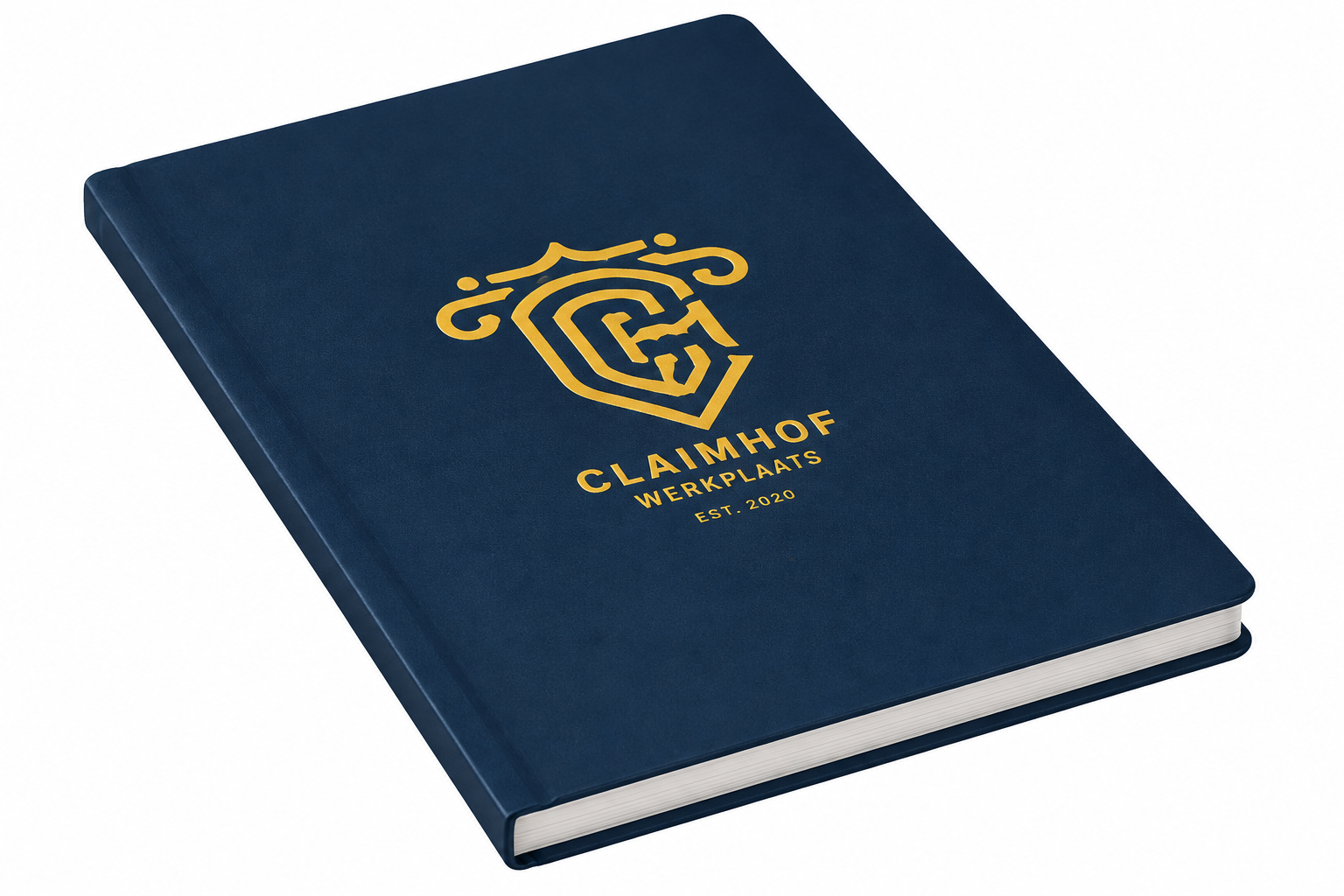 Donkerblauw notitieboek met gouden embleem